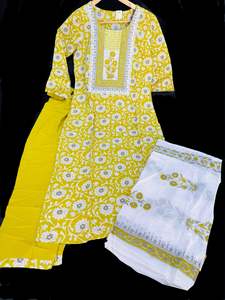 Kurtis With Pant: Pure cotton based printed work kurti with plazo pants & printed cotton dupatta