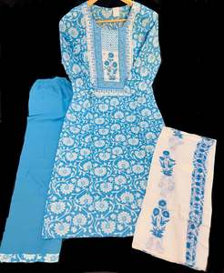 Kurtis With Pant: Pure cotton based printed work kurti with plazo pants & printed cotton dupatta
