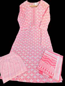 Pure cotton based printed work kurti with plazo pants & printed cotton dupatta