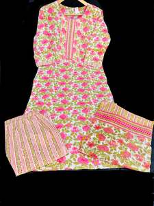 Pure cotton based printed work kurti with plazo pants & printed cotton dupatta