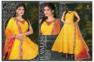 Kurtis With Pant: Mustard and Red color Chanderi silk based embroidery work long kameez with dupatta