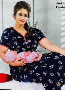 Womens Nighties Maternity Feeding Nighties: Cotton Lycra based Printed fabric(stretchable) women's nighty (size 44-46) Length-55 inch (Front button open)