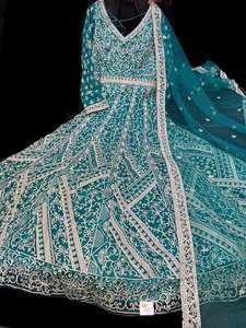 Ladies Suits Gowns: (Video clip attached ) Teal color Netting based heavy Embroidery With Sequined Work Designer Kameez /Gown and Georgette Based heavy embroidery work with sequined work Dupatta