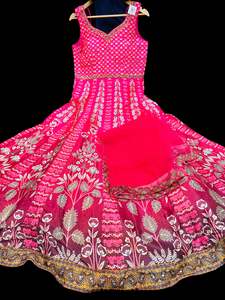 Ladies Suits Gowns: Silk based printed with Mirror work heavy flared gown and dupatta