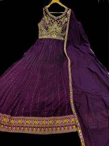 Ladies Suits Gowns: Georgette chinnon Based embroidery with hand work neck design and embroidery work all over at front and back Designer Flared Kameez /Gown And netting Based Embroidery Work Dupatta