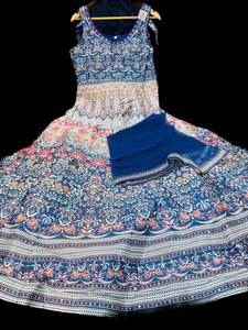 Silk based printed with Mirror work heavy flared gown and dupatta