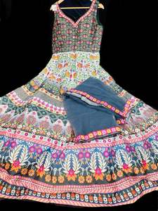 Silk based printed with Mirror work heavy flared gown and dupatta
