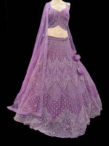 Crop Top: (Video clip attach)size 40(upto 44) fully stitched Lavender color Partywear lehnga with full of embroidery, stones and Mirror work all over heavy multi flared and hand work netting heavy dupatta and stylish blouse