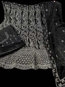 Crop Top: Black color full of stones work with embroidery work all over heavy flared netting based lehnga and heavy work dupatta