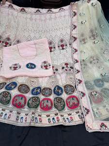 Party Wear Lehnga: Pastel Rosegold Pink color georgette based heavy embroidery work multiflared very heavy lehnga with heavy work design in blouse and embroidery dupatta (Unstitched Lehnga)