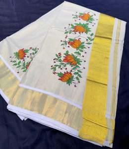 Saree 1: KERALA Gold Tissue SAREE WITH BEAUTIFUL FLORAL PRINT