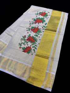 Saree 1: KERALA Gold Tissue SAREE WITH BEAUTIFUL FLORAL PRINT