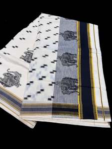 KERALA KASAVU COTTON SAREE WITH BEAUTIFUL ELEPHANT PRINT
