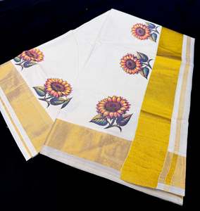 Saree 1: KERALA KASAVU COTTON SAREE WITH BEAUTIFUL FLORAL PRINT