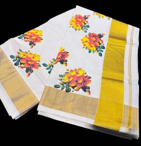 Saree 1: KERALA KASAVU COTTON SAREE WITH BEAUTIFUL FLORAL PRINT