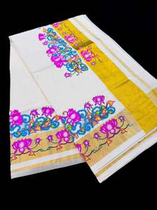 Saree 1: KERALA KASAVU COTTON SAREE WITH BEAUTIFUL Lotus PRINT