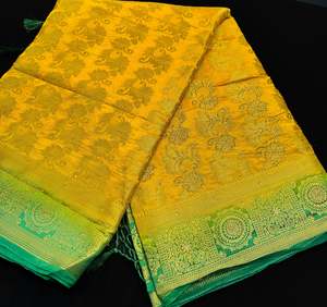 Mustard & Blue Color Beautiful Brocade Art Silk Saree With Stone Work