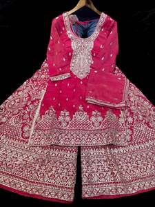 Sharara Lehnga Suits 1: (Video clip attached)Starwberry color shiny soft silk based heavy embroidery work kameez with heavy embroidery work sharara pants and soft silk dupatta with embroidery border