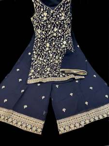 Sharara Lehnga Suits 1: Dark Blue Black color georgette based all over sequined work & embroidery work kameez with heavy embroidery work circular plazo big flared and georgette dupatta with border