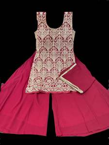 Sharara Lehnga Suits 1: Georgette baswd mirror & embroidery work kameez with plain sharara pants and dupatta