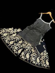 Sharara Lehnga Suits 1: (Clip attached)Black color georgette based all over sequined work with mirror work kameez with heavy embroidery work sharara pants and georgette dupatta with embroidery border(NOTE:- size 46 shoulder strap is broad)