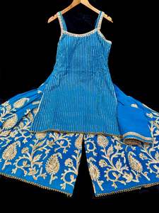 Sharara Lehnga Suits 1: (Clip attached)Azure Blue color georgette based all over sequined work with mirror work kameez with heavy embroidery work sharara pants and georgette dupatta with embroidery border(NOTE:- size 46 shoulder strap is broad)