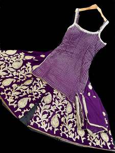 Sharara Lehnga Suits 1: (Clip attached) Dark Purple wine color georgette based all over sequined work with mirror work kameez with heavy embroidery work sharara pants and georgette dupatta with embroidery border(NOTE:- size 46 shoulder strap is broad)