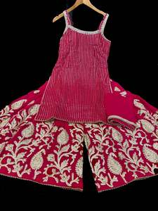 Sharara Lehnga Suits 1: (Clip attached) Deep Starwberry color georgette based all over sequined work with mirror work kameez with heavy embroidery work sharara pants and georgette dupatta with embroidery border(NOTE:- size 46 shoulder strap is broad)