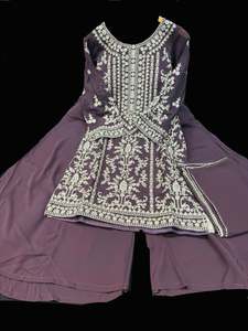 Sharara Lehnga Suits 1: Dark Lilac color georgette based heavy embroidery work with stone work kameez with sharara pants and georgette dupatta with embroidery border