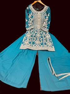 Sharara Lehnga Suits 1: Teal Blue color georgette based heavy embroidery work with stone work kameez with sharara pants and georgette dupatta with embroidery border