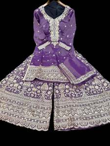 Sharara Lehnga Suits 1: (Video clip attached) Purple color shiny soft silk based heavy embroidery work kameez with heavy embroidery work sharara pants and soft silk dupatta with embroidery border