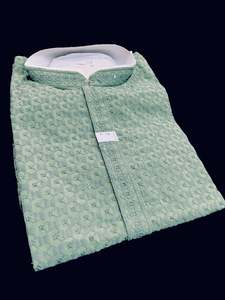 Guru Shirts Or Kurta: Pastel Mint color rayon based Chikankari with sequinned work Men’s short length kurti (31 inches - 36 inches)according to sizes short sleeves