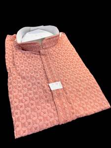 Guru Shirts Or Kurta: Crepe Pink color rayon based Chikankari with sequinned work Men’s short length kurti (31 inches - 36 inches)according to sizes short sleeves