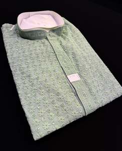Guru Shirts Or Kurta: Pastel Mint color rayon based Chikankari with sequinned work Men’s short length kurti (31 inches - 36 inches)according to sizes long sleeves