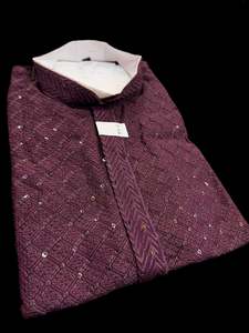 Guru Shirts Or Kurta: Wine color rayon based Chikankari with sequinned work Men’s short length kurti (31 inches - 36 inches)according to sizes Short sleeves