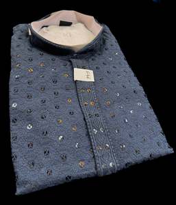 Guru Shirts Or Kurta: Dark Grey color rayon based Chikankari with sequinned work Men’s short length kurti (31 inches - 36 inches)according to sizes Long sleeves