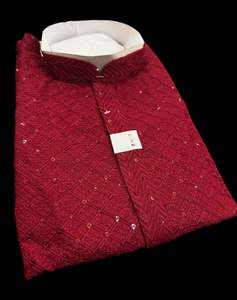 Guru Shirts Or Kurta: Maroon color rayon based Chikankari with sequinned work Men’s short length kurti (31 inches - 36 inches)according to sizes short sleeves