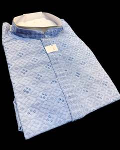 Guru Shirts Or Kurta: Lite Grey Blue color rayon based Chikankari with sequinned work Men’s short length kurti (31 inches - 36 inches)according to sizes, Short sleeves