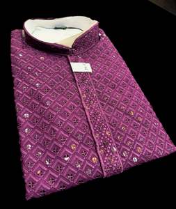 Guru Shirts Or Kurta: Purple wine color rayon based Chikankari with sequinned work Men’s short length kurti (31 inches - 36 inches)according to sizes long sleeves