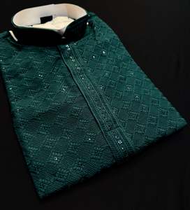 Dark Green color rayon based Chikankari with sequinned work Men’s short length&hellip;