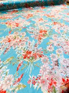 Japanese Satin: pastel blue color base with floral print beautiful soft Japanese Satin (per meter) 110 cm width