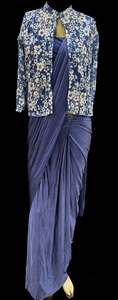Readymade Sarees 1: Lycra Blouse with Readymade saree and Malmal Georgette sequined work Floral design Jacket