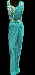 Readymade Sarees 1: Teal color Size 40 (Upto 42) hand work designer readymade blouse with Readymade Saree