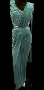 Readymade Sarees 1: Green color Size 40 (Upto 42) stone work designer readymade blouse with Readymade Saree