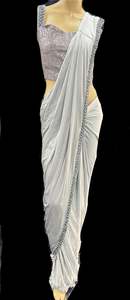 Readymade Sarees 1: Silver Grey color Size 40 (Upto 42) Sequinned work designer readymade blouse with Readymade Saree