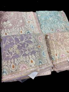 Pastel colors Heavy work designer Saree with netting base fabric and stones work&hellip;