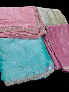 Heavy Work Sarees 1: Pastel shades Jimmy Choo base fabric With Beautiful handwork all over on Saree and border