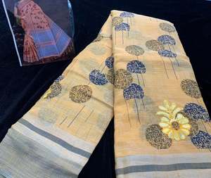 pastel orange shade floral print linen saree