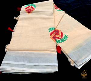 Cotton Sarees 1: pastel peach colour linen saree with embroidery work