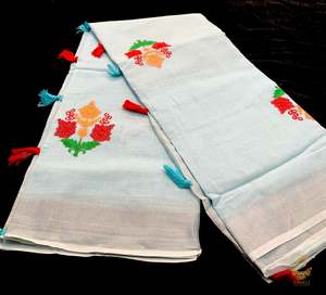 Cotton Sarees 1: pastel icing blue colour linen saree with embroidery work